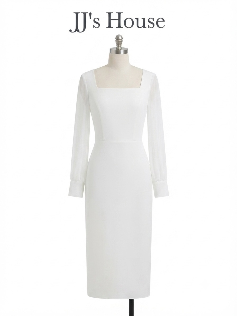 JJ’s House Elegant White Square-Neck Long Sleeve Dress Size 10 0125